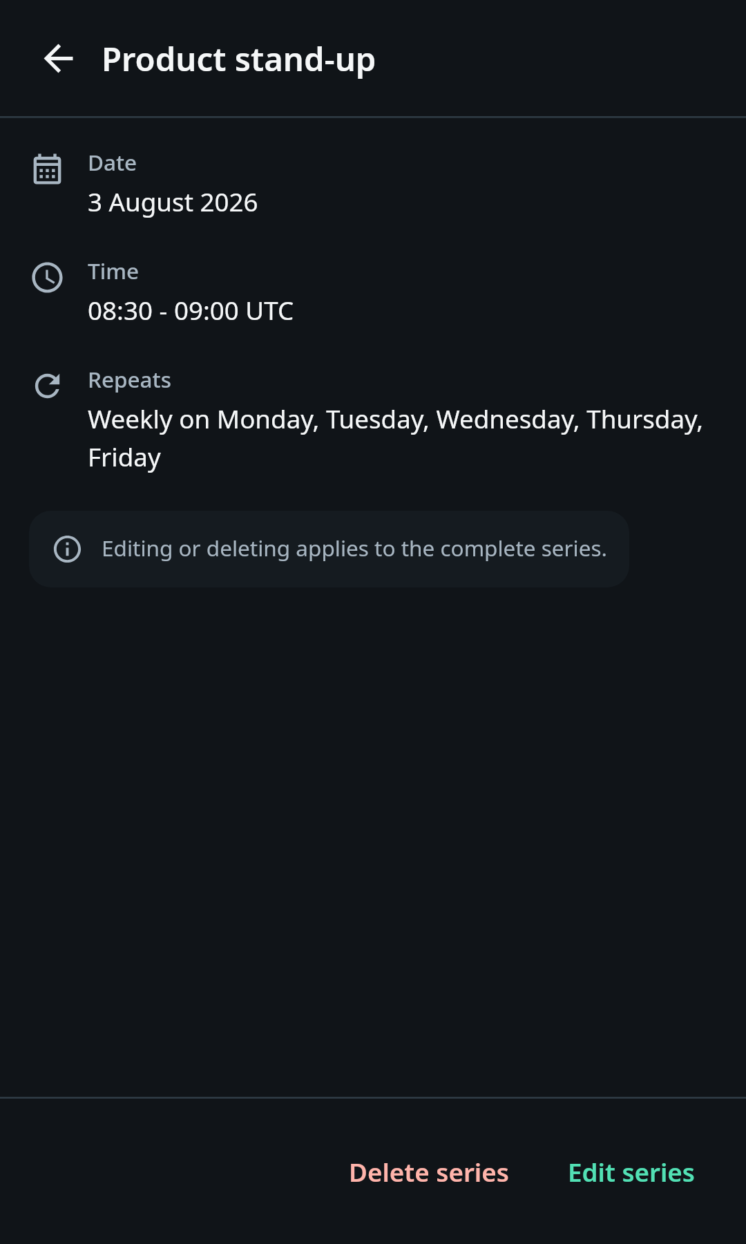 nati.ve Android event detail showing date, time, recurrence, Edit series, Delete series, and the authoritative recurring event context