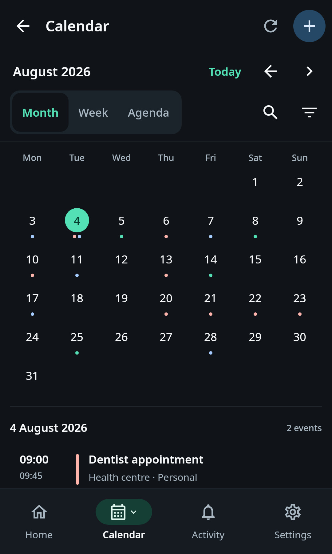 nati.ve Android Calendar month view with previous and next navigation, Today, visible events, selected date, source labels, refresh, and add action