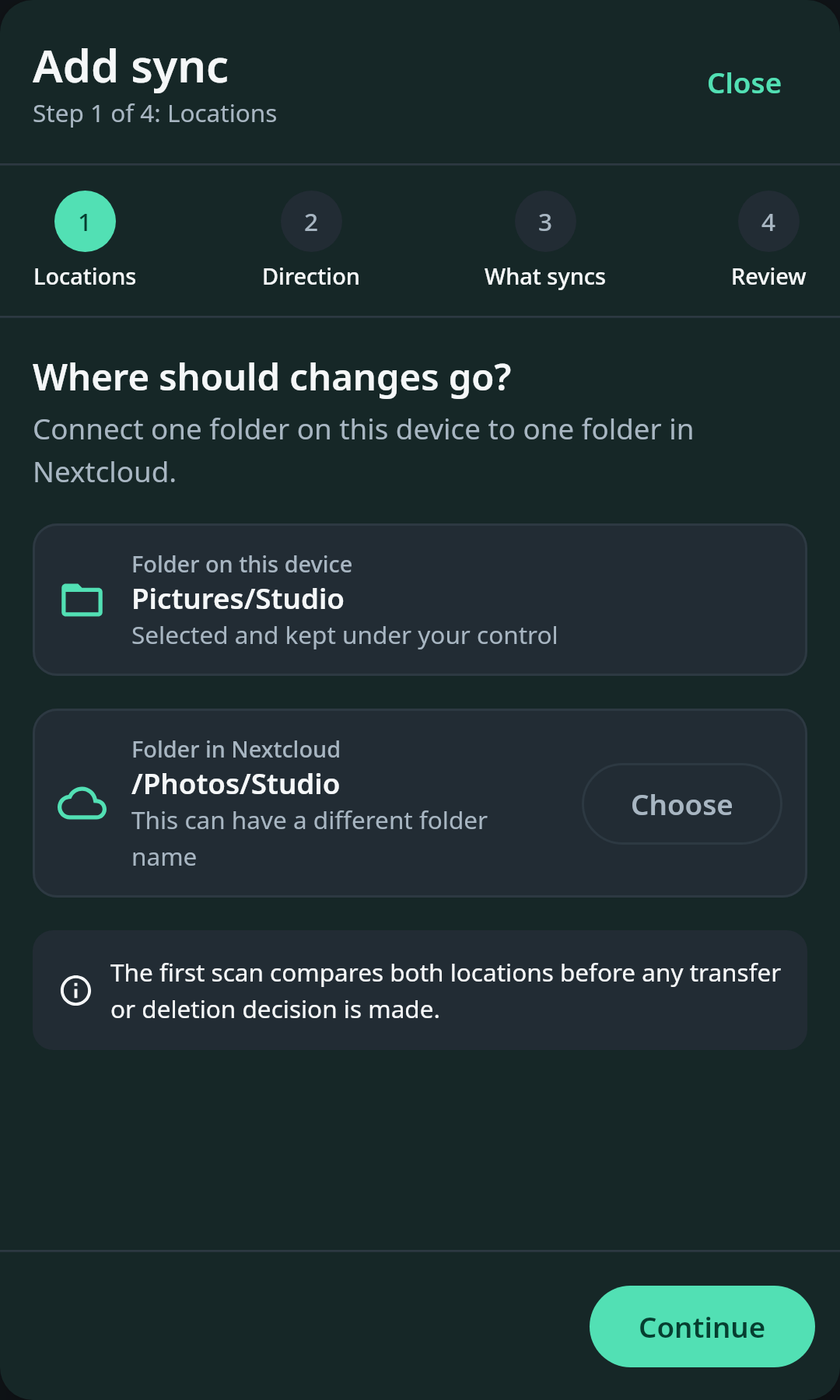 nati.ve Android Add sync flow showing the selected device folder, the Nextcloud destination, direction, and a reviewable mapping
