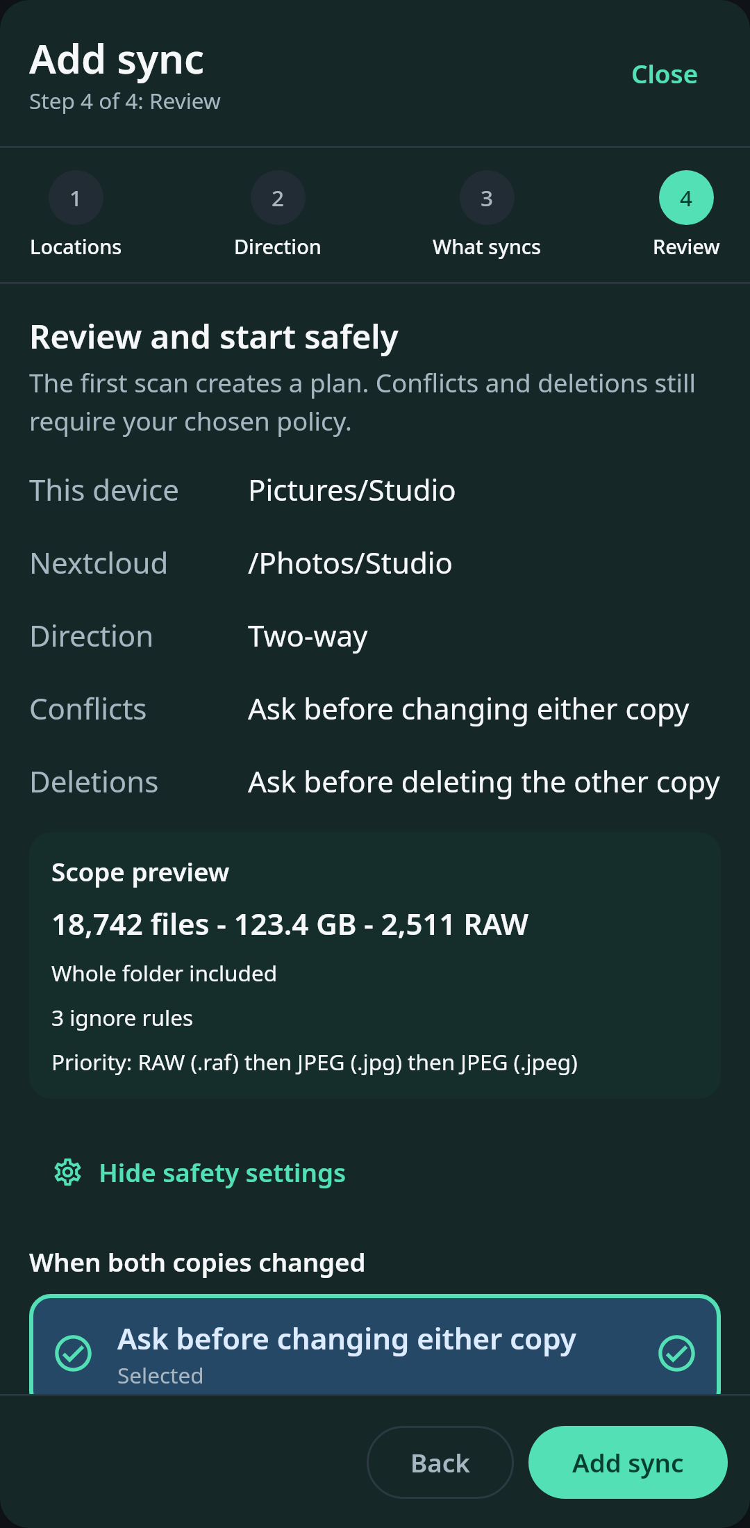 nati.ve Android folder-sync review showing both roots, two-way direction, selected-content summary, and the expanded conflict policy at the start of the scrollable safety settings