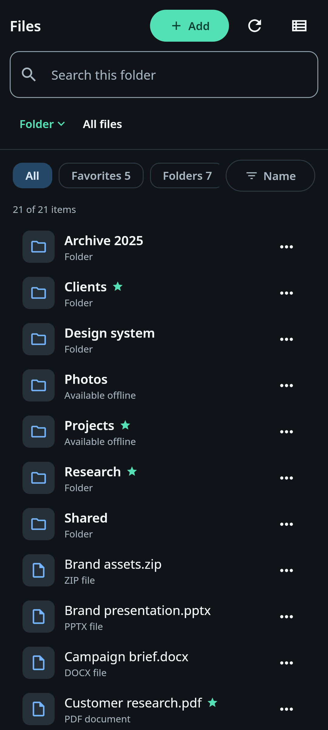 nati.ve Android Files screen with folders, documents, previews, favorites, and explicit offline availability state for cloud content