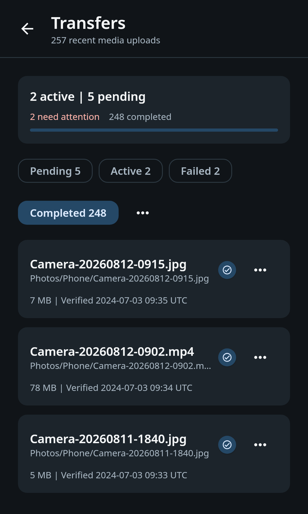 nati.ve Android Media transfers with Completed selected and Camera photos and video carrying completed status icons
