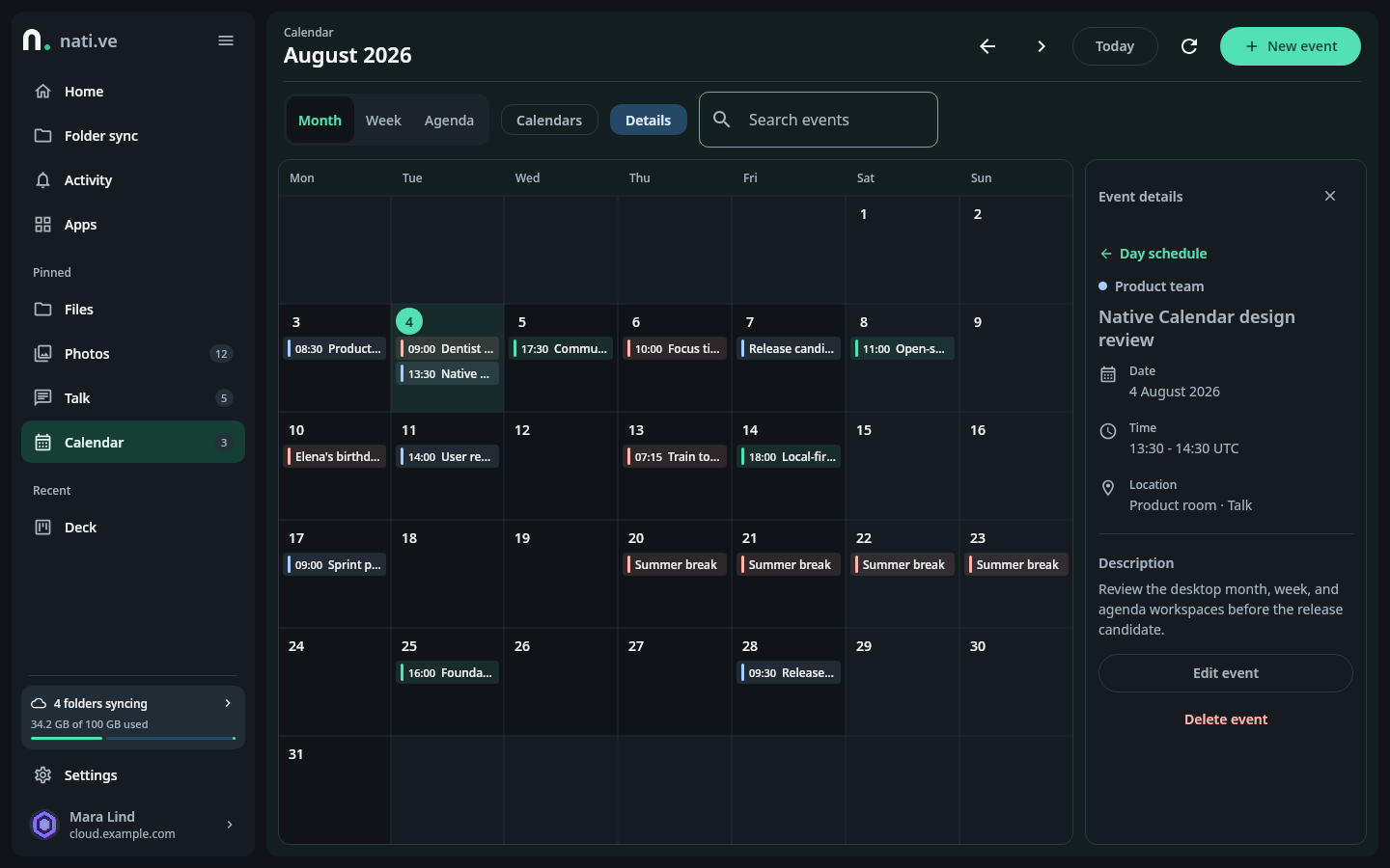 nati.ve desktop Calendar with multiple named sources, visibility controls, writable and read-only labels, event counts, and selected-day details