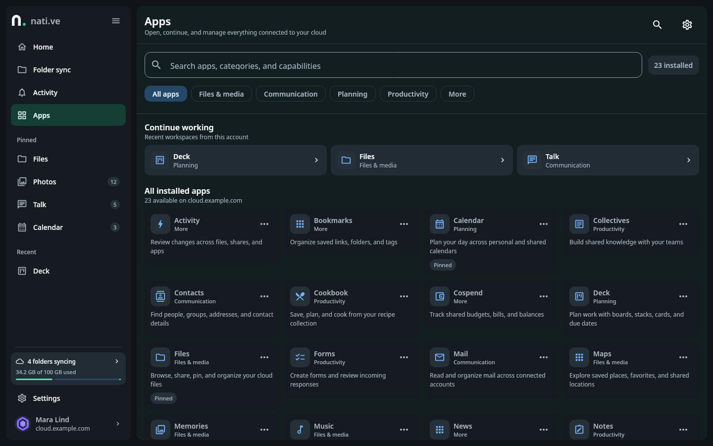 Apps workspace with pinned apps, recent work, app categories, installed app cards, search, and a persistent account sidebar