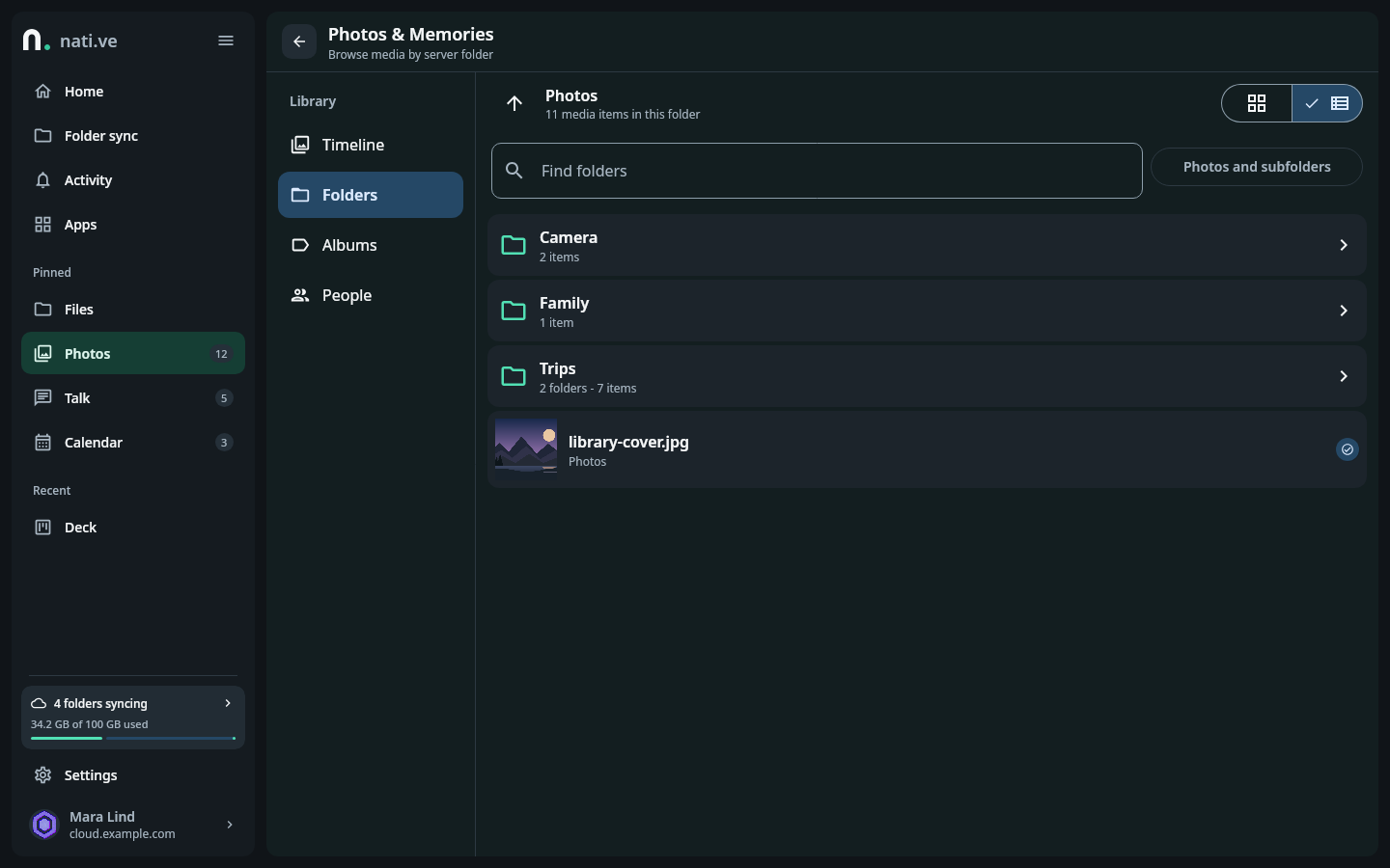 Photos folder workspace nested inside nati.ve with Photos selected and Files, Talk, Calendar, and recent Deck shortcuts still visible
