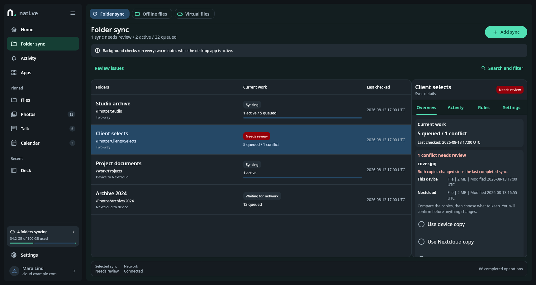 nati.ve Linux folder-sync workspace with multiple pairs, directions, queued operations, check times, health, and a selected pair inspector